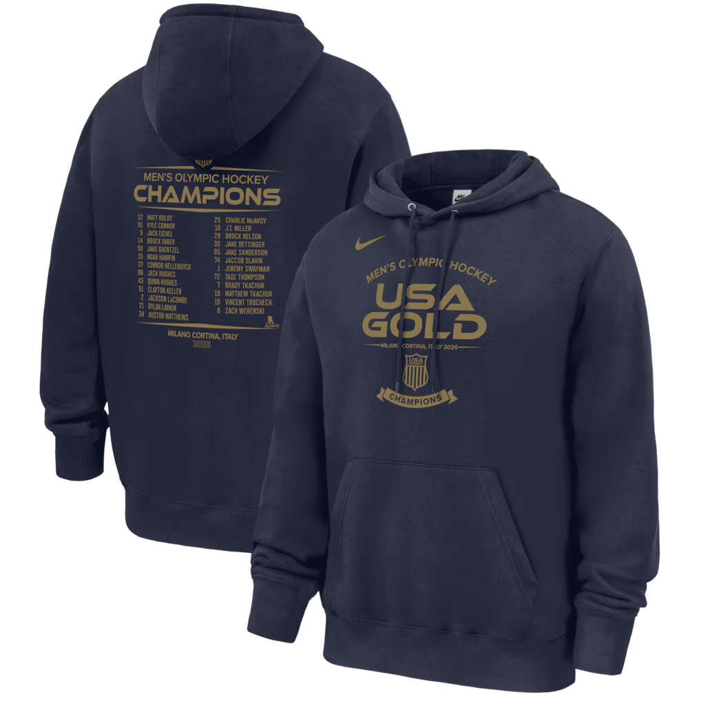 Navy hoodie celebrating Men's Olympic Hockey Champions with gold text