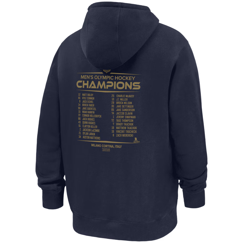 Navy hoodie with 'Men's Olympic Hockey Champions' text and player names on the back