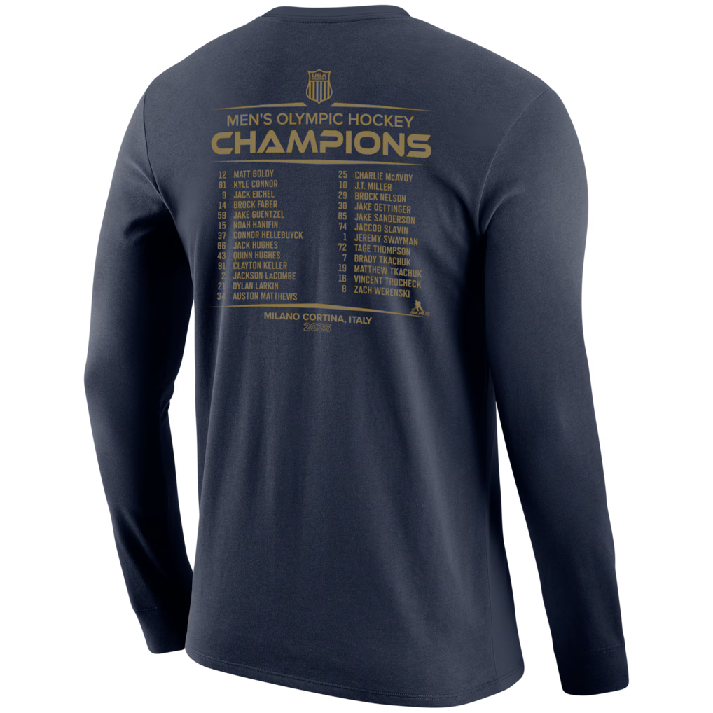 Navy long-sleeve shirt with gold text celebrating men's Olympic hockey champions with the players names on the back