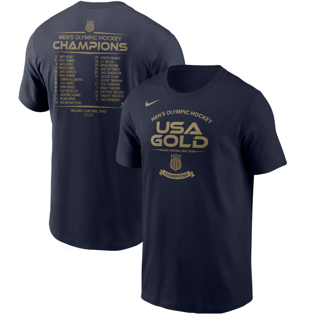 Navy t-shirt with gold text celebrating men's Olympic hockey champions, featuring a Nike logo.