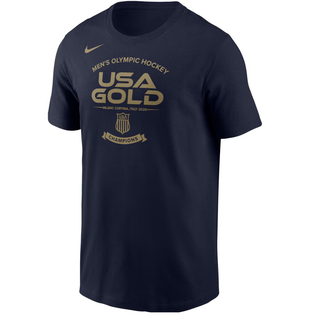 Navy t-shirt with 'Men's Olympic Hockey USA Gold Champions' text and Nike logo on a white background