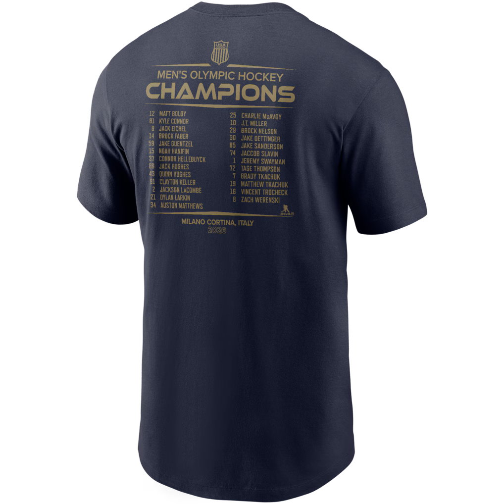 Navy blue t-shirt with 'Men's Olympic Hockey Champions' text and player names on the back.
