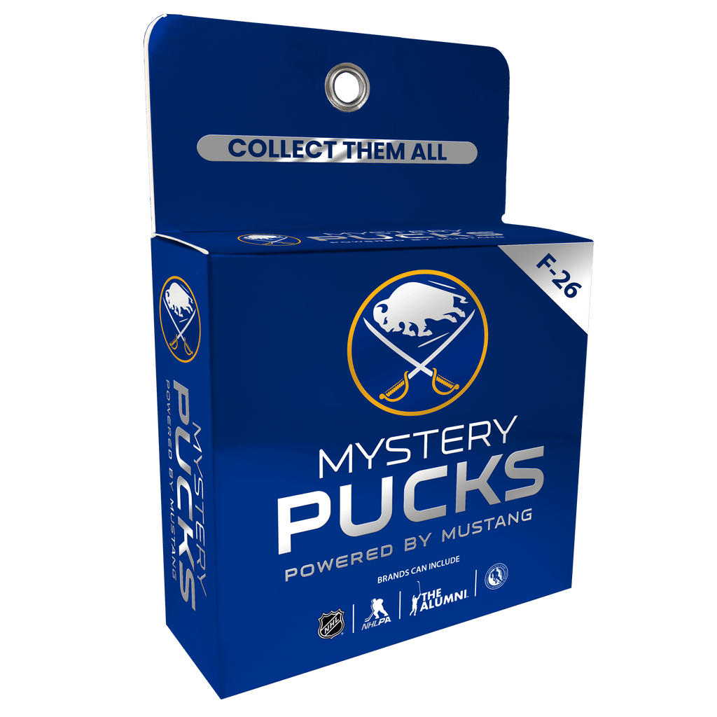 A blue retail box for a 'Mystery Pucks' collectible set, featuring the Buffalo Sabins logo and text including 'F-26', 'POWERED BY MUSTANG', and team logos at the bottom.