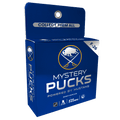 A blue retail box for a 'Mystery Pucks' collectible set, featuring the Buffalo Sabins logo and text including 'F-26', 'POWERED BY MUSTANG', and team logos at the bottom.