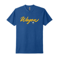 Blue t-shirt with yellow 'wagon' text and buffalo sabres logo 