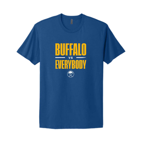 Blue t-shirt with 'Buffalo vs Everybody' text and buffalo sabres logo centered underneath