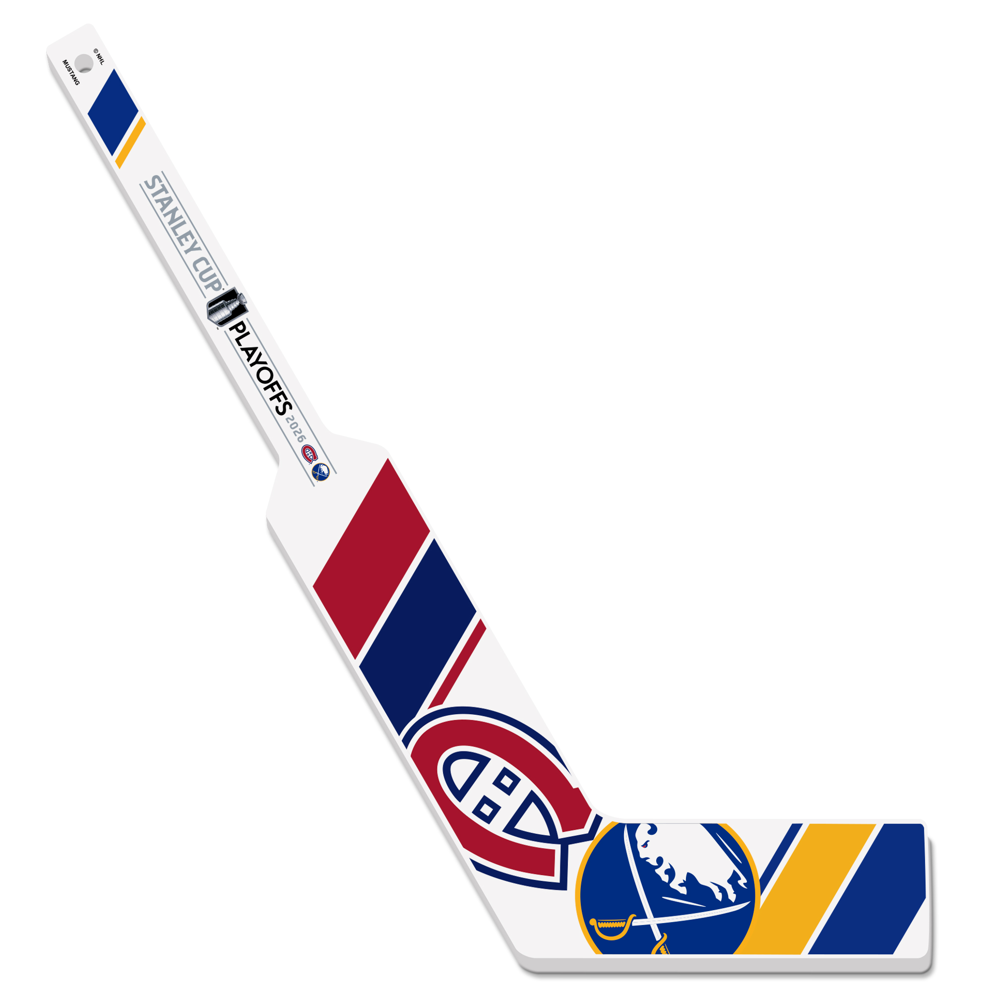 Mini hockey goalie stick with Montreal Canadiens and Buffalo Sabres logos on a white background