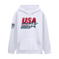 White hoodie with 'Team USA' and 'Men's Hoodie 2026 Gold Medal Champions' text on a white background