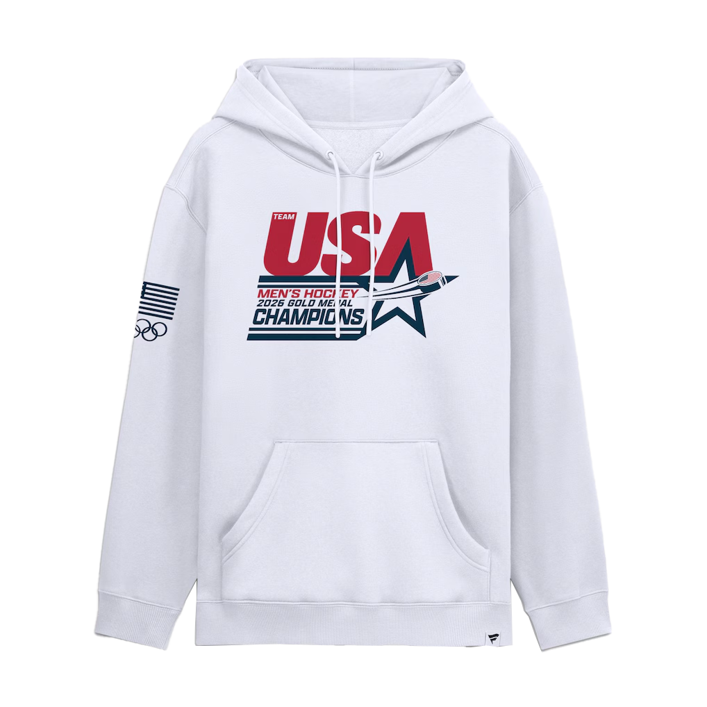 White hoodie with 'Team USA' and 'Men's Hoodie 2026 Gold Medal Champions' text on a white background