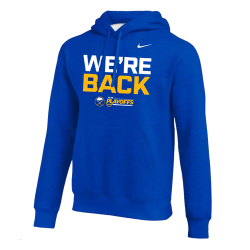 Royal Blue Nike Blue hoodie with 'WE'RE BACK' text and Buffalo Sabres 2026 Playoffs logo
