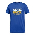 Blue t-shirt with 'WE'RE BACK' text and Nike logo and Buffalo Sabres 2026 Playoffs Logo